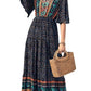 Vestido Boho Largo Estampado Étnico Cuello En V Manga Corta