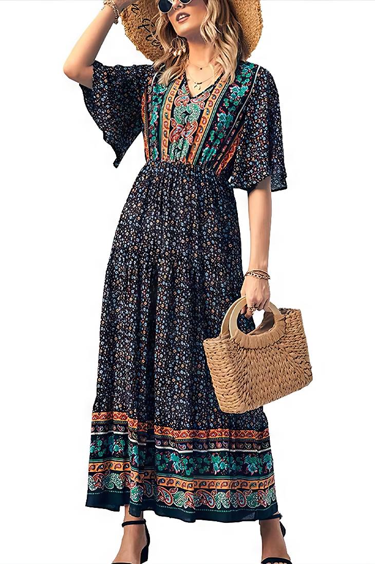 Vestido Boho Largo Estampado Étnico Cuello En V Manga Corta