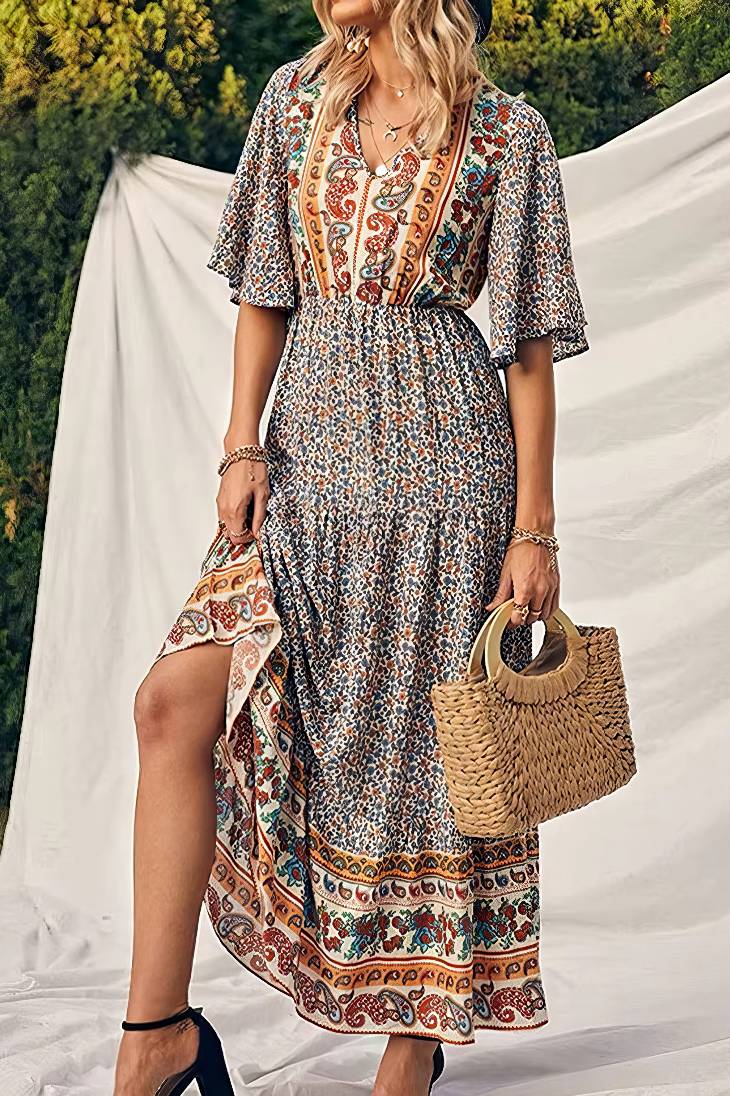 Vestido Boho Largo Estampado Étnico Cuello En V Manga Corta