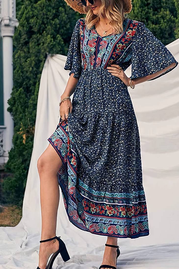 Vestido Boho Largo Estampado Étnico Cuello En V Manga Corta