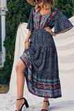 Vestido Boho Largo Estampado Étnico Cuello En V Manga Corta