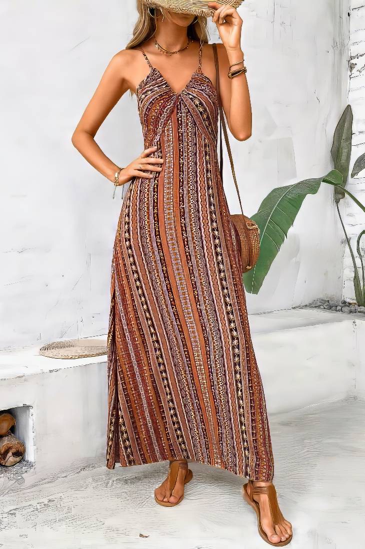 Vestido Boho Largo Estampado Étnico Tirantes Finos
