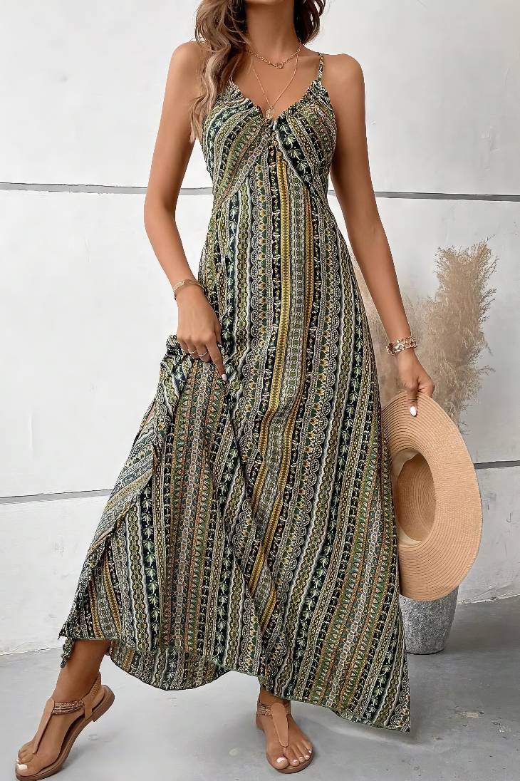 Vestido Boho Largo Estampado Étnico Tirantes Finos