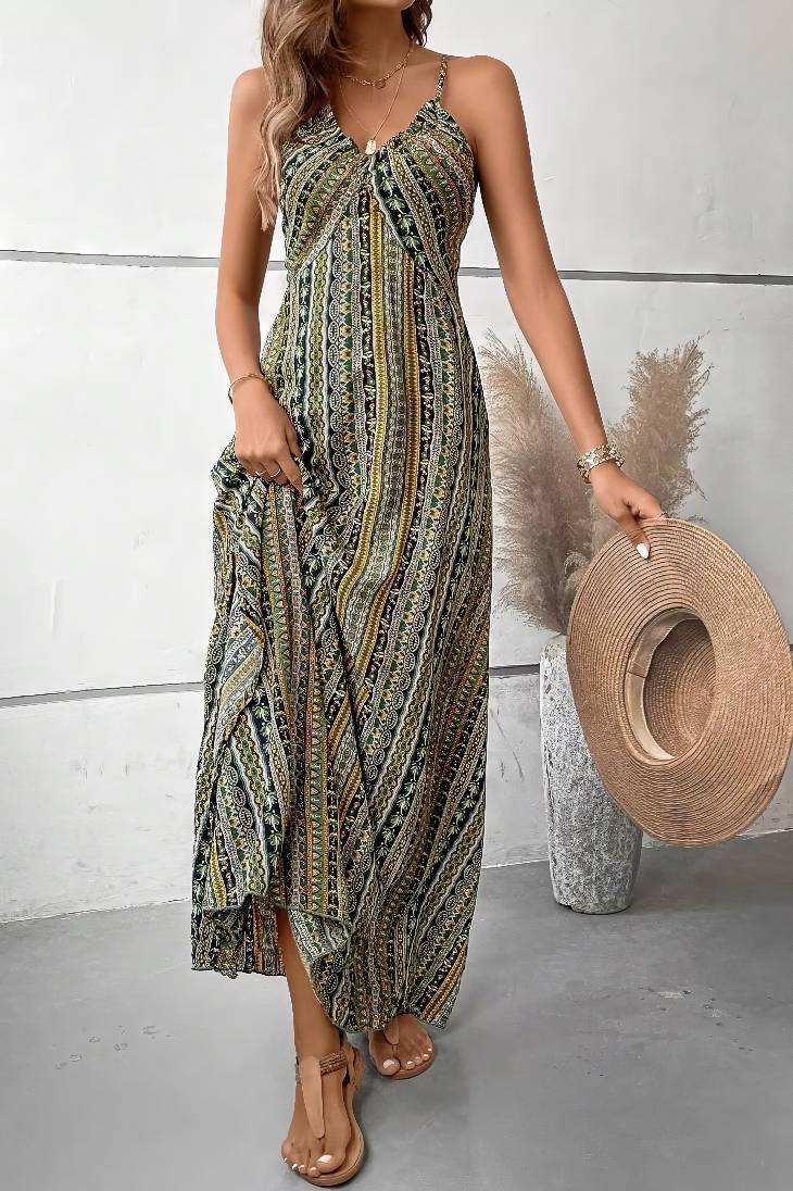 Vestido Boho Largo Estampado Étnico Tirantes Finos