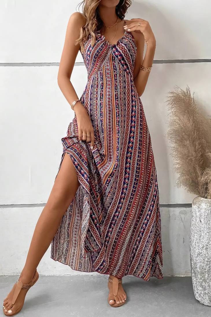 Vestido Boho Largo Estampado Étnico Tirantes Finos