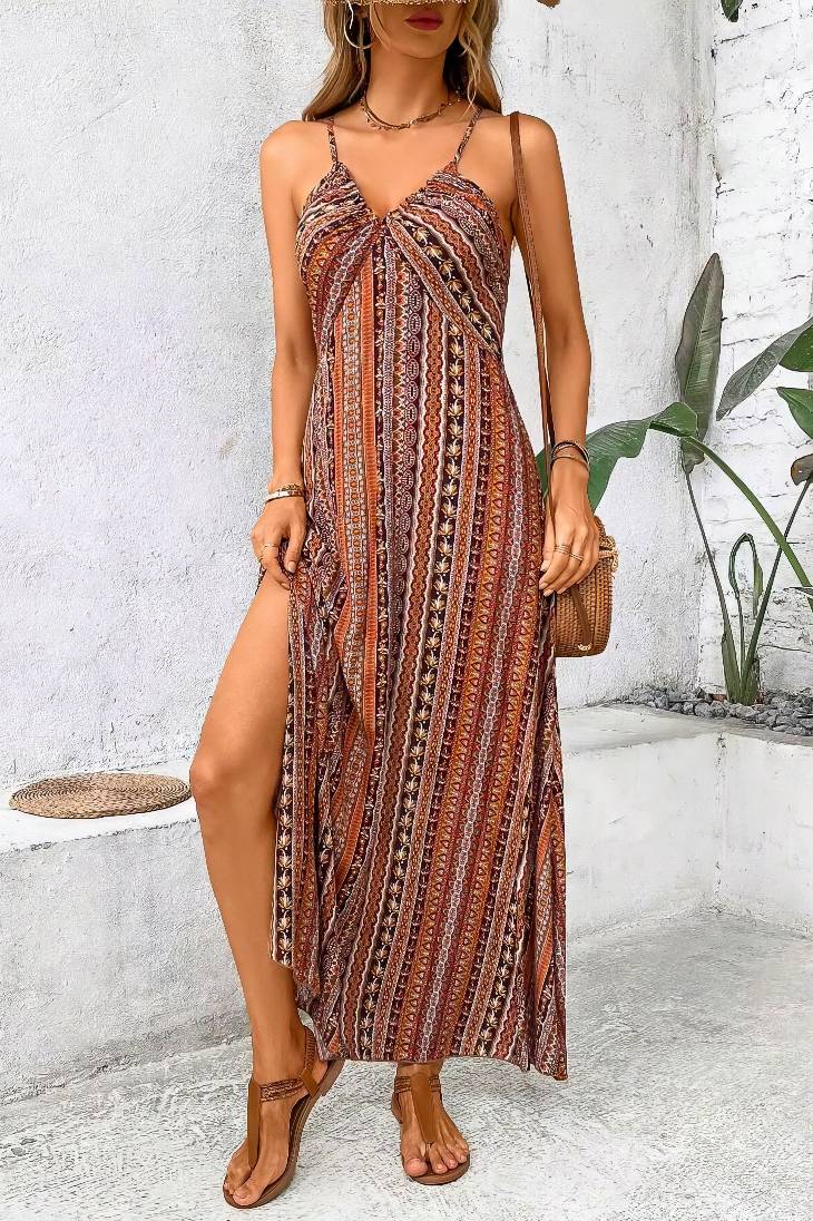 Vestido Boho Largo Estampado Étnico Tirantes Finos