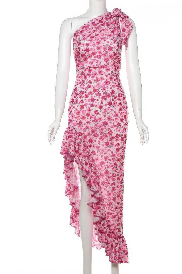 Vestido Boho Largo Rosa Floral Un Hombro Con Volantes