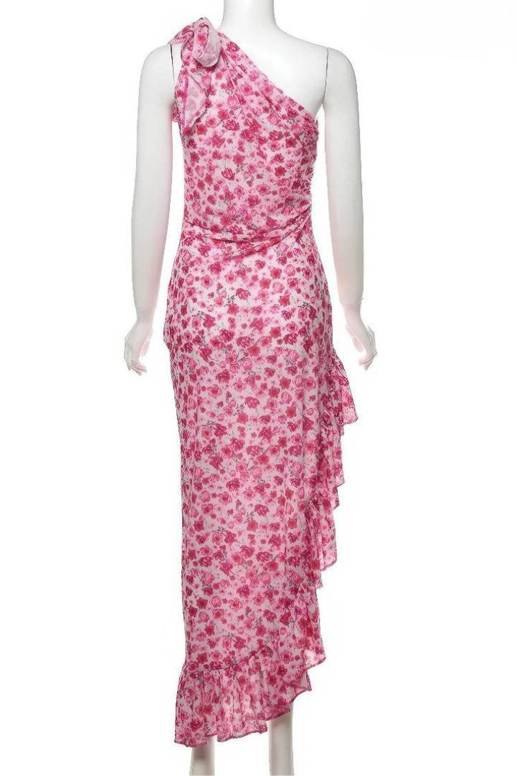 Vestido Boho Largo Rosa Floral Un Hombro Con Volantes