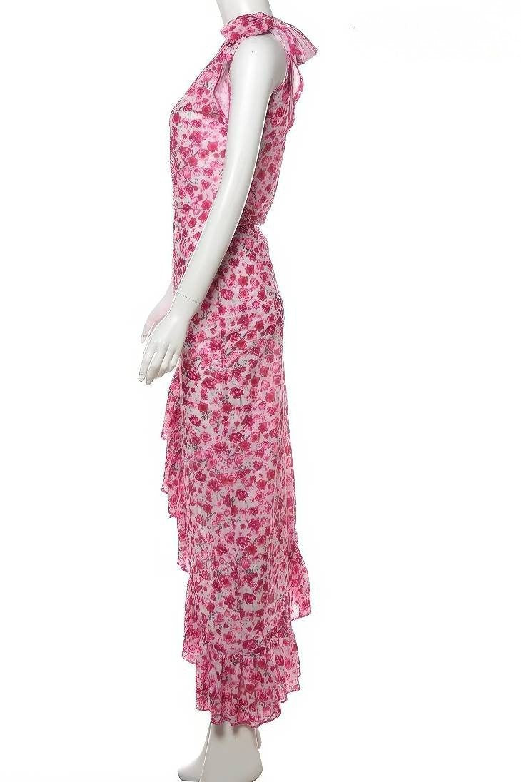Vestido Boho Largo Rosa Floral Un Hombro Con Volantes
