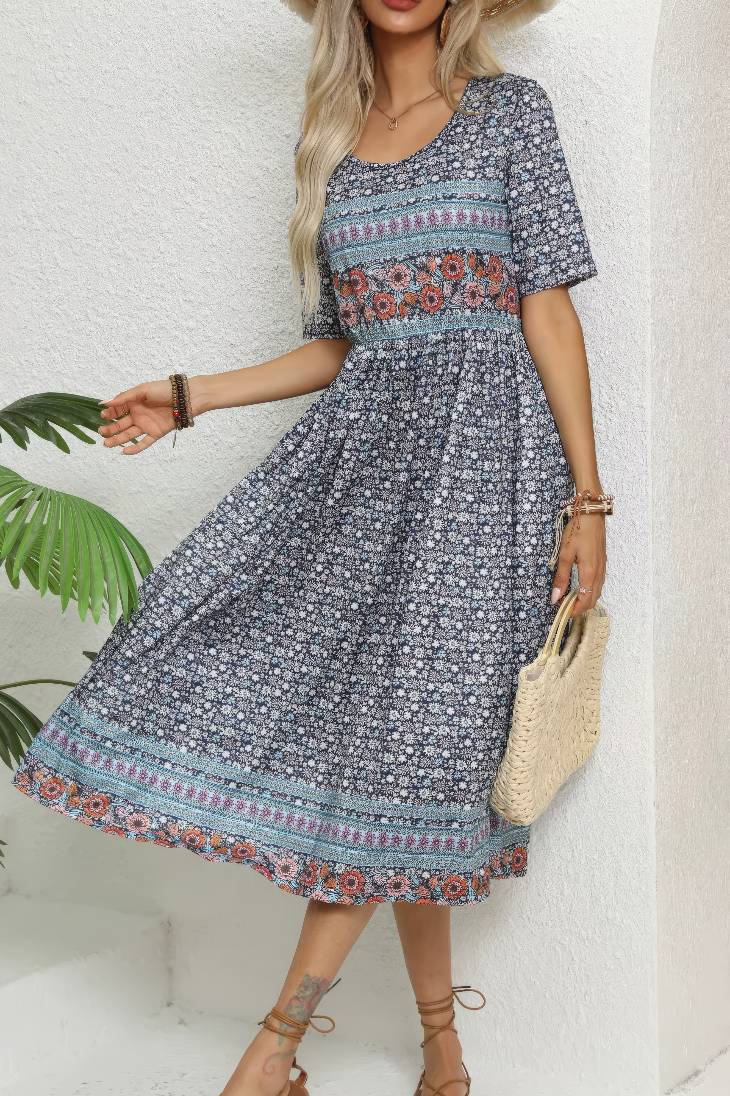 Vestido Boho Midi Estampado Floral Cuello Redondo Manga Corta Con Bolsillos