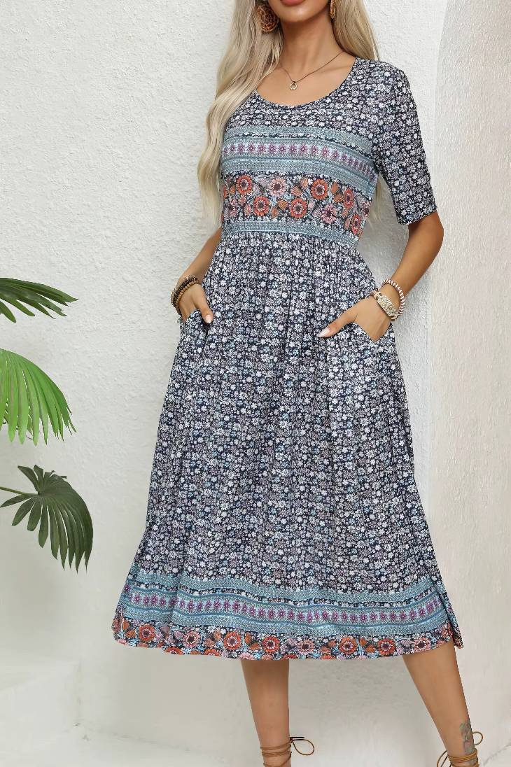 Vestido Boho Midi Estampado Floral Cuello Redondo Manga Corta Con Bolsillos