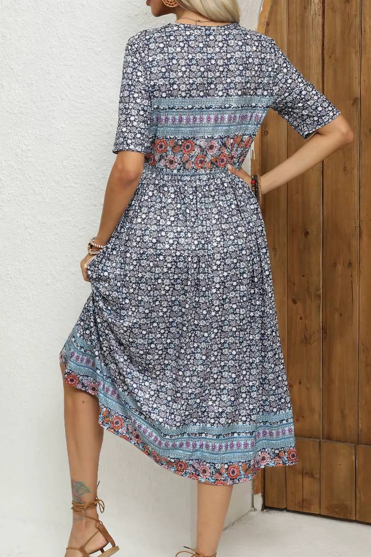 Vestido Boho Midi Estampado Floral Cuello Redondo Manga Corta Con Bolsillos