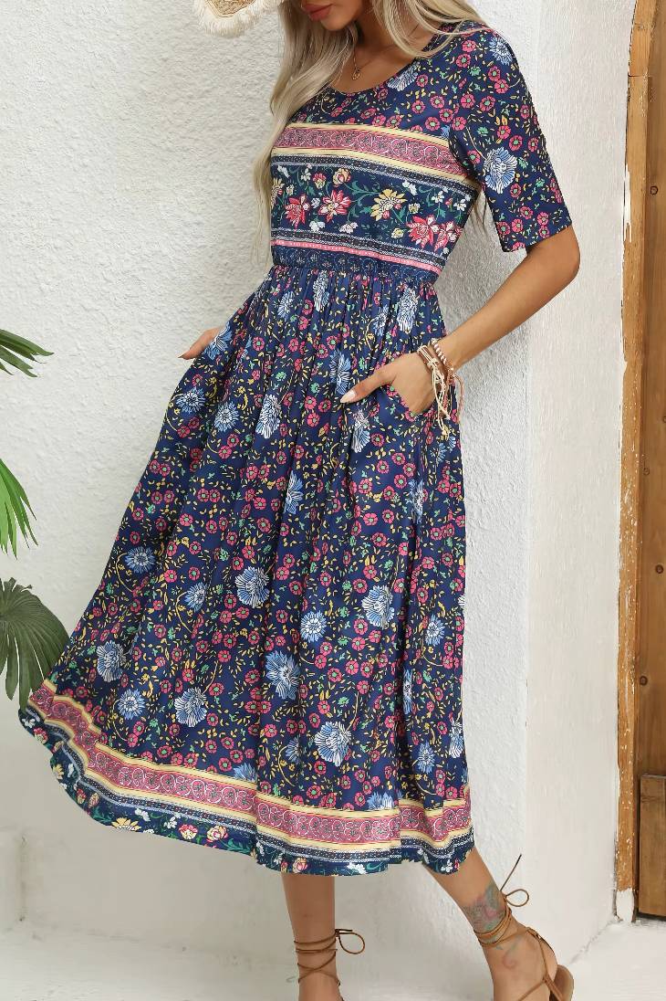 Vestido Boho Midi Estampado Floral Cuello Redondo Manga Corta Con Bolsillos