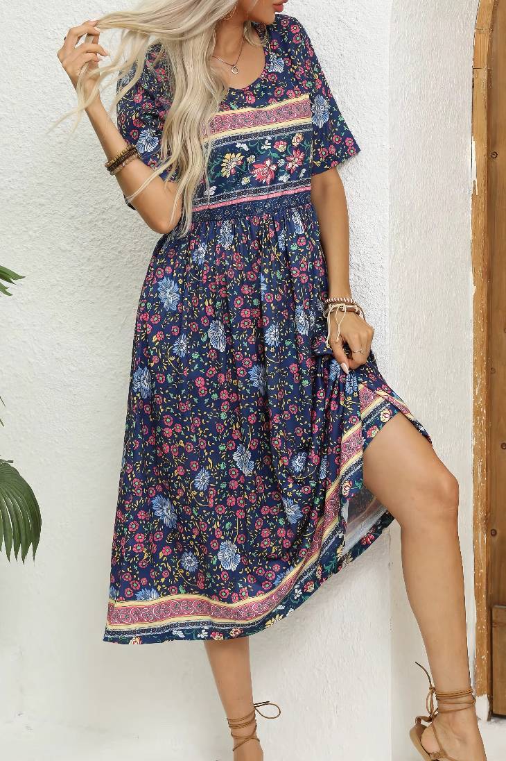 Vestido Boho Midi Estampado Floral Cuello Redondo Manga Corta Con Bolsillos