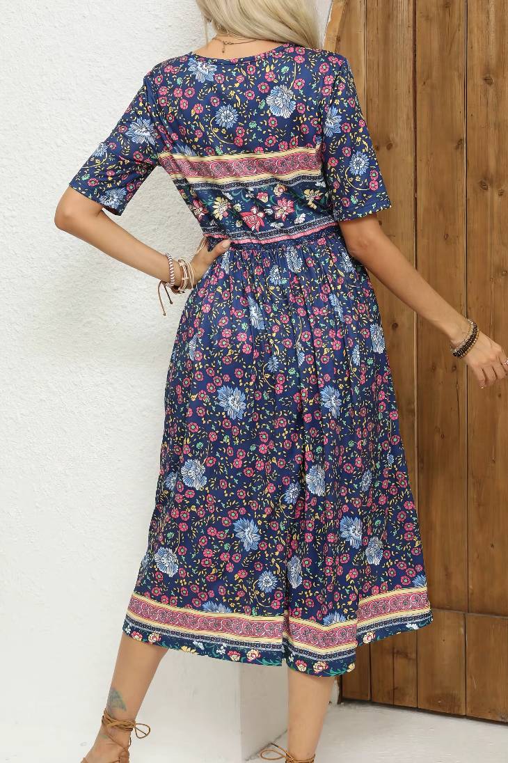 Vestido Boho Midi Estampado Floral Cuello Redondo Manga Corta Con Bolsillos