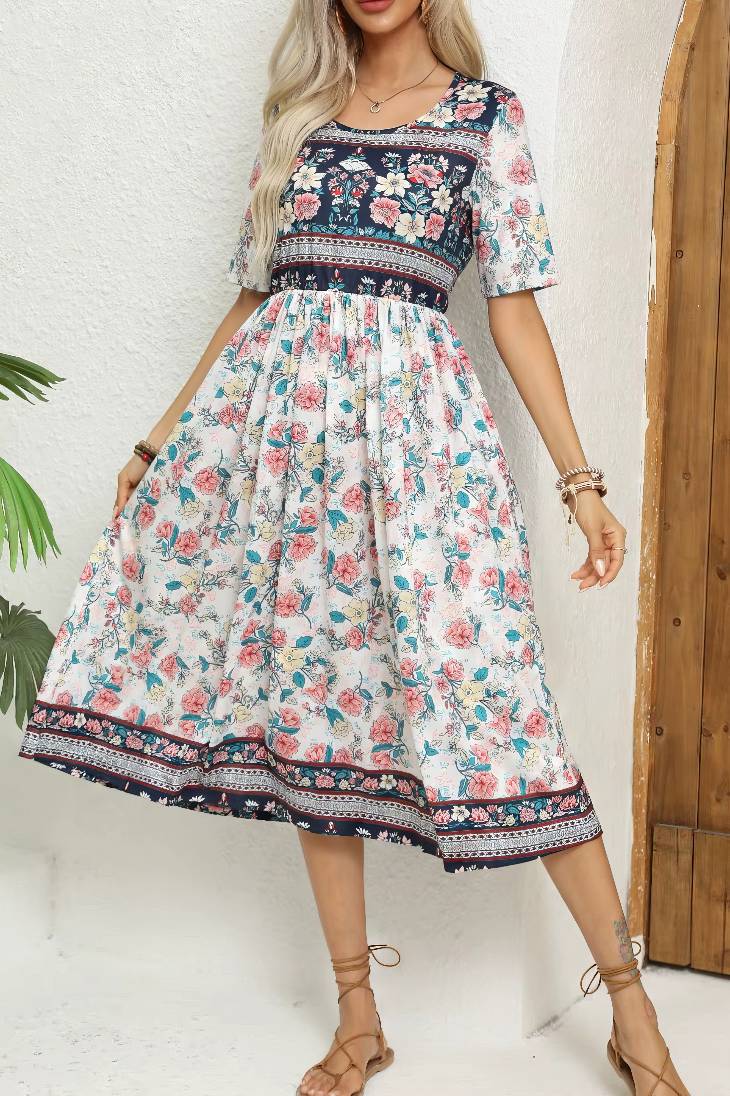 Vestido Boho Midi Estampado Floral Cuello Redondo Manga Corta Con Bolsillos