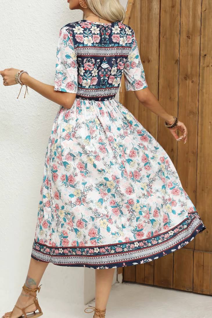 Vestido Boho Midi Estampado Floral Cuello Redondo Manga Corta Con Bolsillos