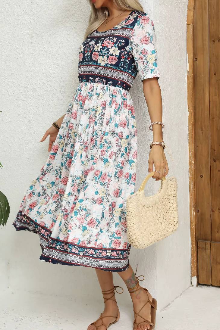 Vestido Boho Midi Estampado Floral Cuello Redondo Manga Corta Con Bolsillos