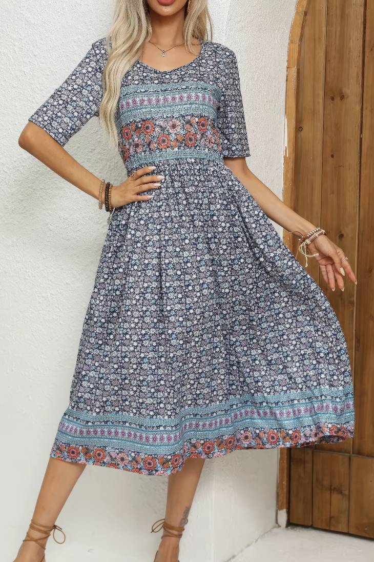 Vestido Boho Midi Estampado Floral Cuello Redondo Manga Corta Con Bolsillos
