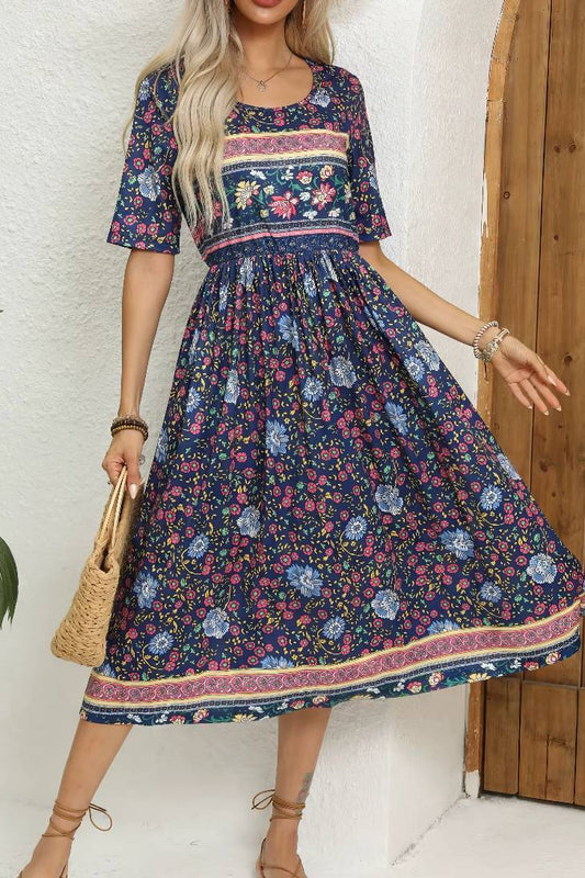 Vestido Boho Midi Estampado Floral Cuello Redondo Manga Corta Con Bolsillos