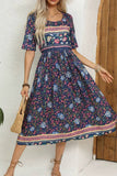 Vestido Boho Midi Estampado Floral Cuello Redondo Manga Corta Con Bolsillos