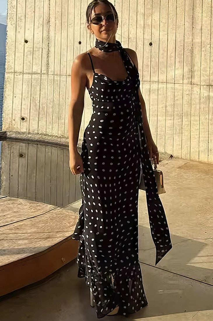 Vestido Boho Negro De Lunares Largo Tirantes Finos Sin Mangas Con Volantes