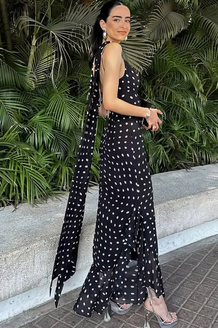 Vestido Boho Negro De Lunares Largo Tirantes Finos Sin Mangas Con Volantes