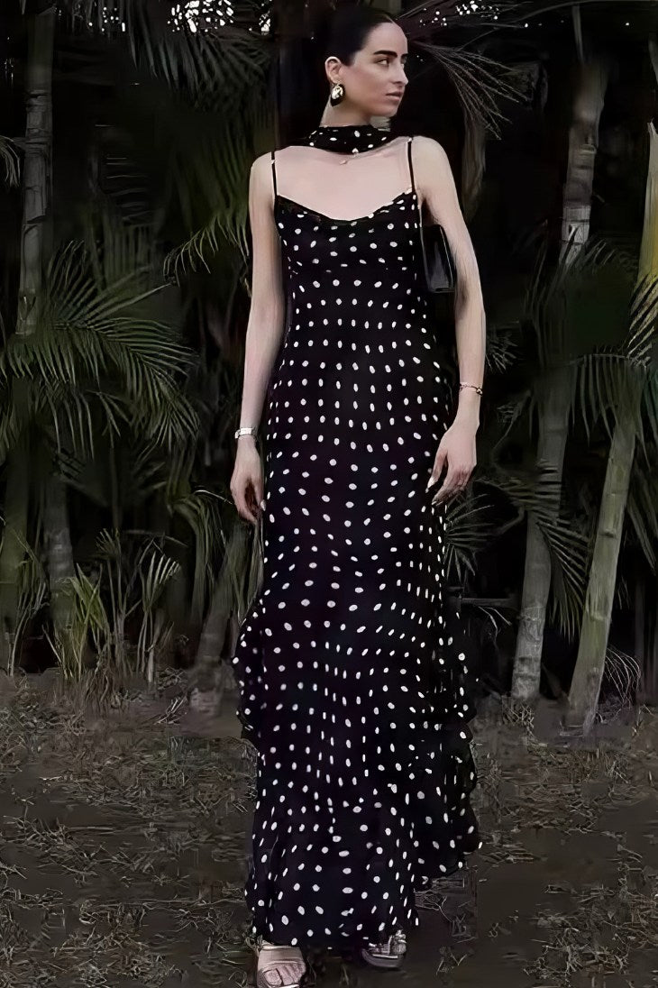 Vestido Boho Negro De Lunares Largo Tirantes Finos Sin Mangas Con Volantes