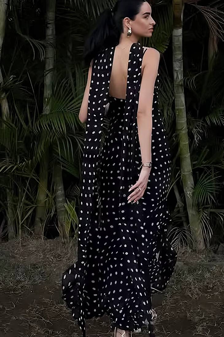 Vestido Boho Negro De Lunares Largo Tirantes Finos Sin Mangas Con Volantes