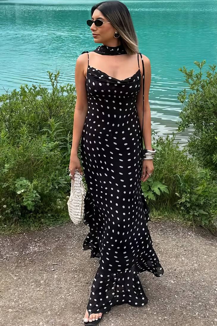 Vestido Boho Negro De Lunares Largo Tirantes Finos Sin Mangas Con Volantes