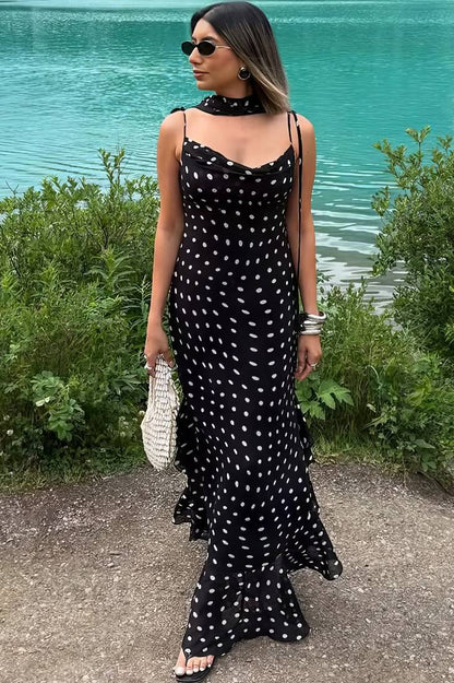 Vestido Boho Negro De Lunares Largo Tirantes Finos Sin Mangas Con Volantes