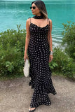 Vestido Boho Negro De Lunares Largo Tirantes Finos Sin Mangas Con Volantes