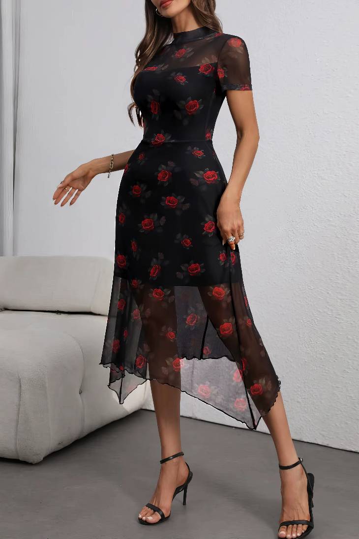 Vestido Boho Negro Floral Manga Corta Con Abertura