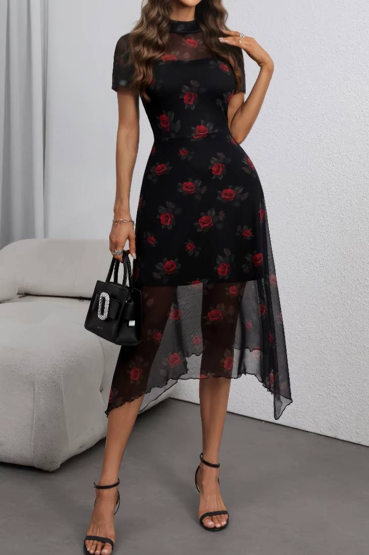 Vestido Boho Negro Floral Manga Corta Con Abertura