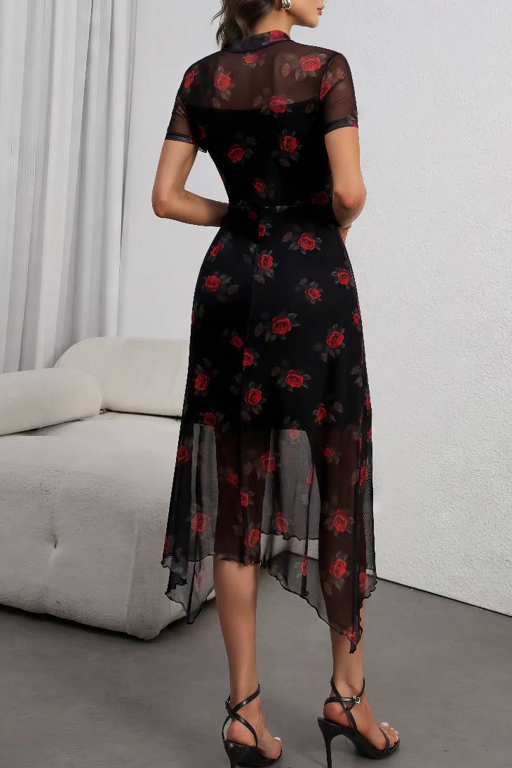 Vestido Boho Negro Floral Manga Corta Con Abertura