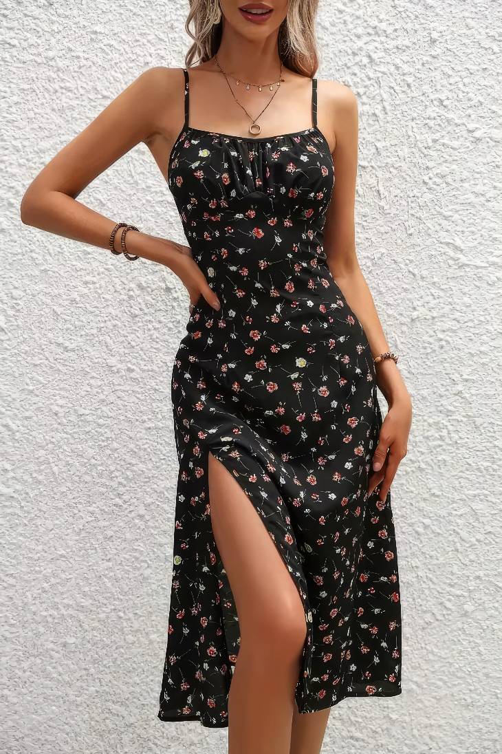 Vestido Boho Negro Floral Tirantes Finos Sin Mangas