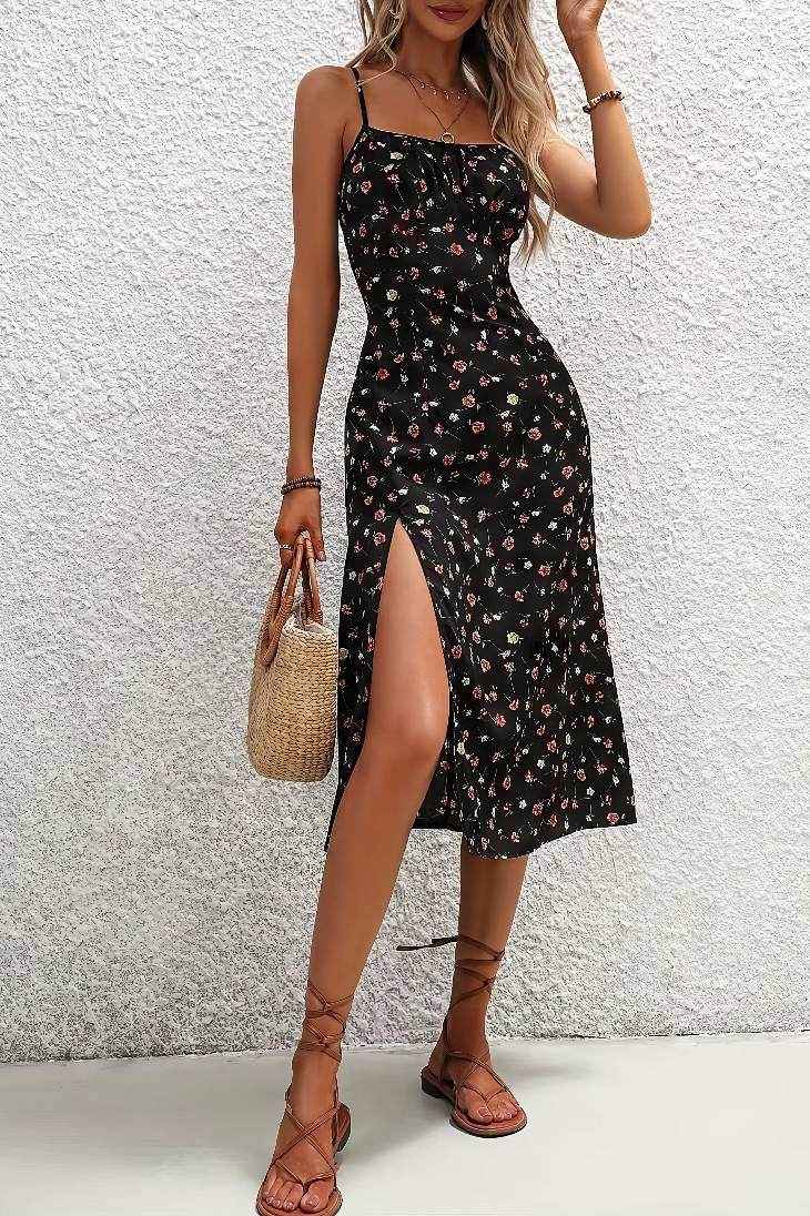 Vestido Boho Negro Floral Tirantes Finos Sin Mangas