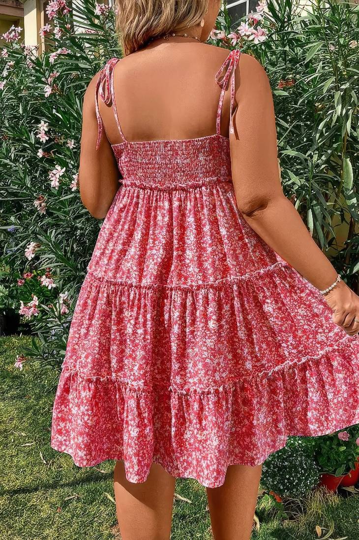 Vestido Boho Rojo Floral Corto Con Tirantes Y Volantes Talla Grande