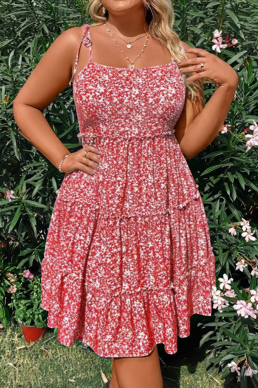 Vestido Boho Rojo Floral Corto Con Tirantes Y Volantes Talla Grande