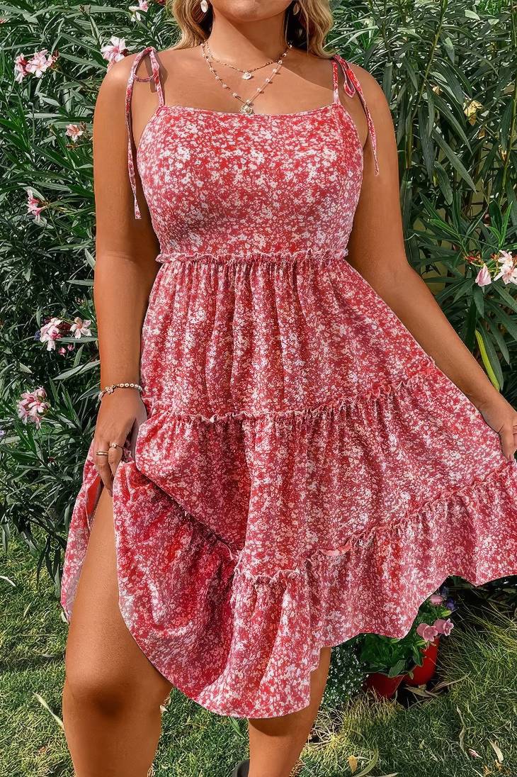 Vestido Boho Rojo Floral Corto Con Tirantes Y Volantes Talla Grande