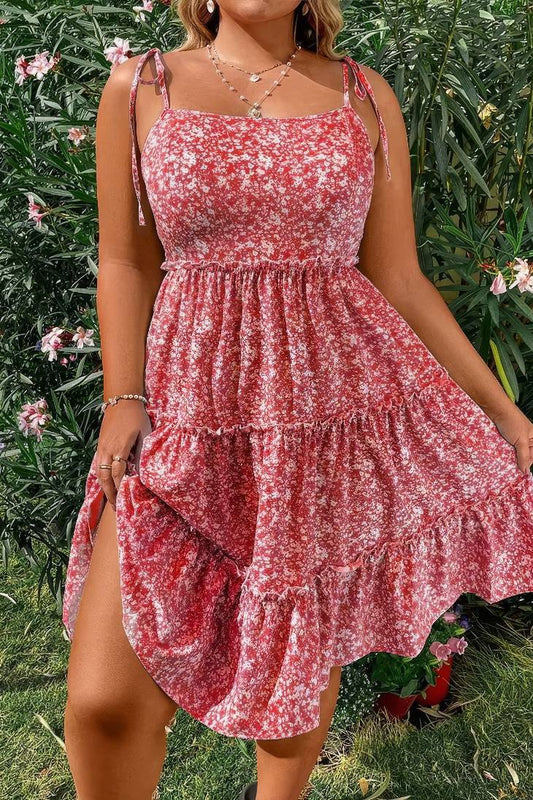 Vestido Boho Rojo Floral Corto Con Tirantes Y Volantes Talla Grande