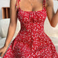 Vestido Boho Rojo Floral Corto Tirantes Finos Sin Mangas Con Abertura