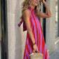 Vestido Boho Rosa A Rayas Rojas Largo Cuello Halter Fluido