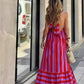 Vestido Boho Rosa A Rayas Rojas Largo Cuello Halter Fluido