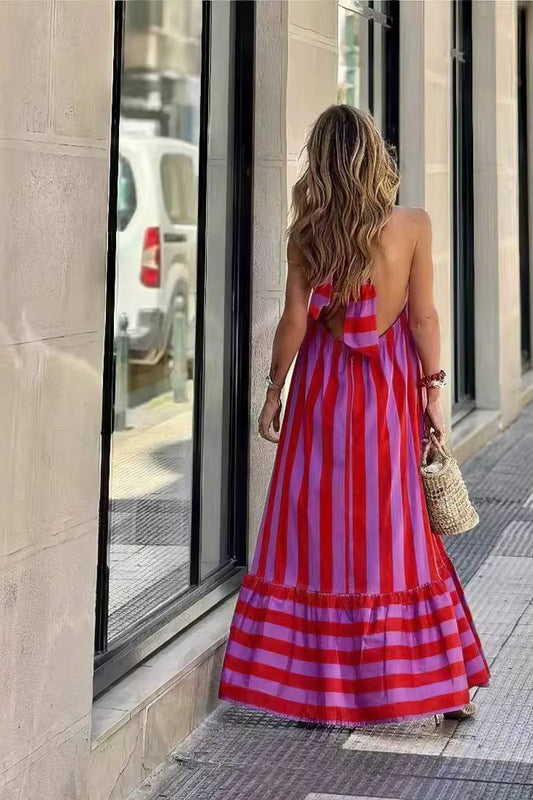 Vestido Boho Rosa A Rayas Rojas Largo Cuello Halter Fluido
