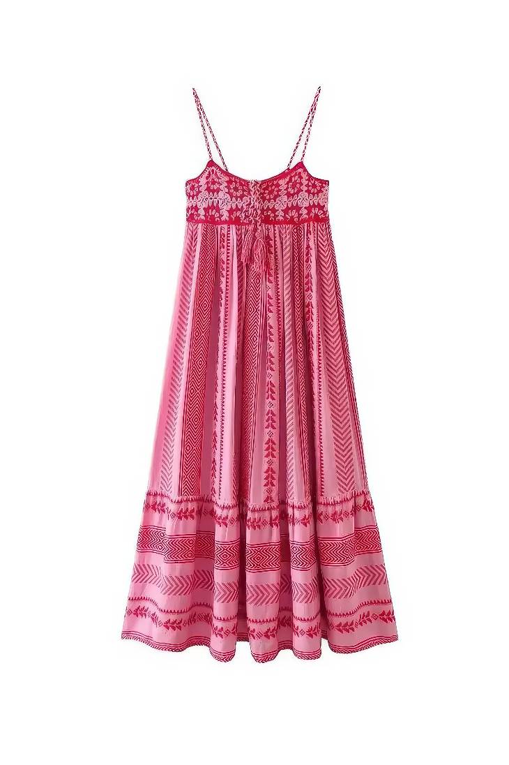 Vestido Boho Rosa Largo Estampado Étnico Tirantes Finos Sin Mangas