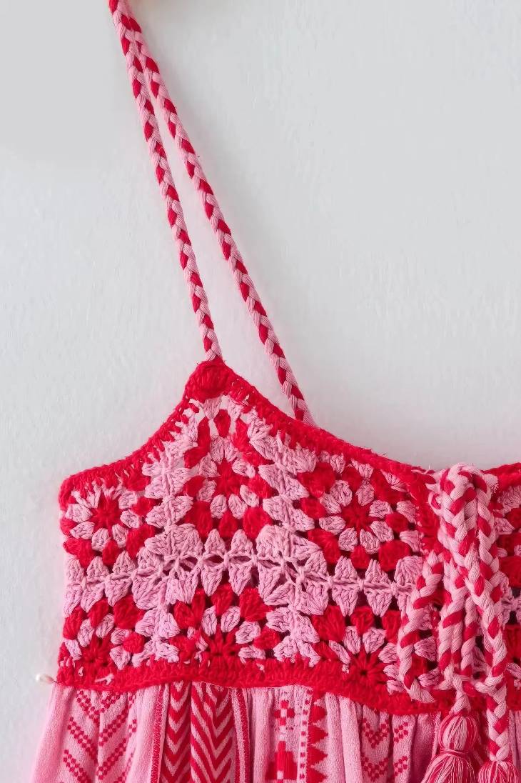 Vestido Boho Rosa Largo Estampado Étnico Tirantes Finos Sin Mangas