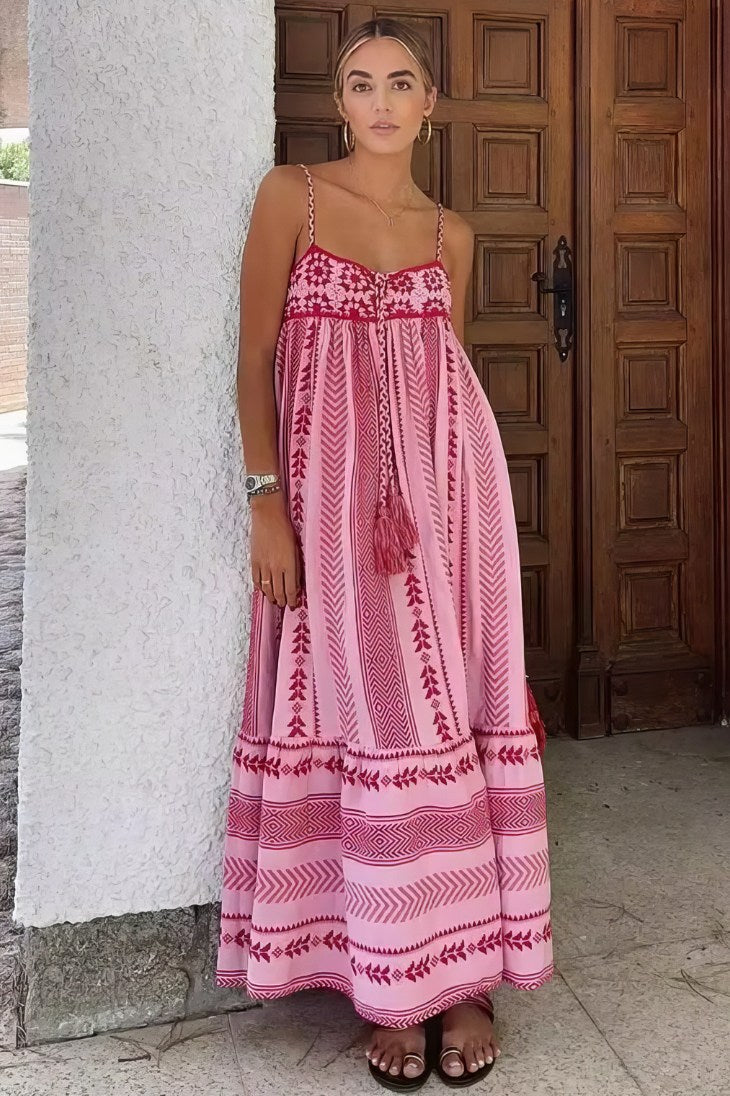 Vestido Boho Rosa Largo Estampado Étnico Tirantes Finos Sin Mangas