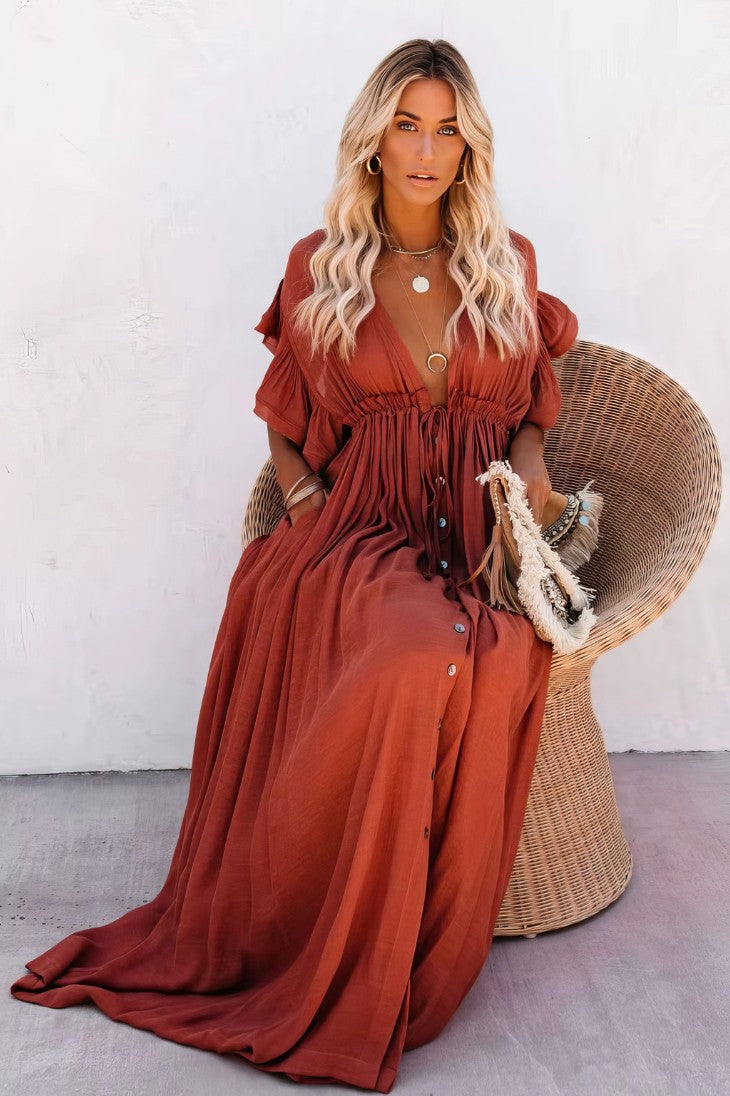 Vestido Boho Terracota Largo Escote V Manga Corta Fluido