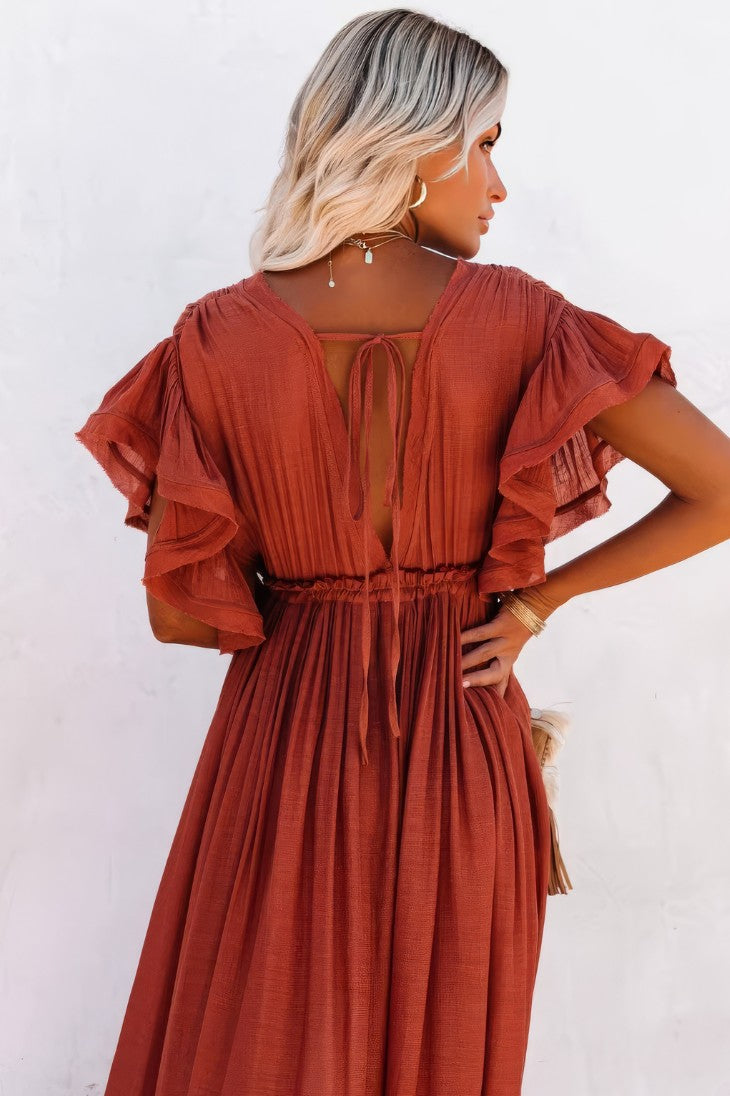 Vestido Boho Terracota Largo Escote V Manga Corta Fluido